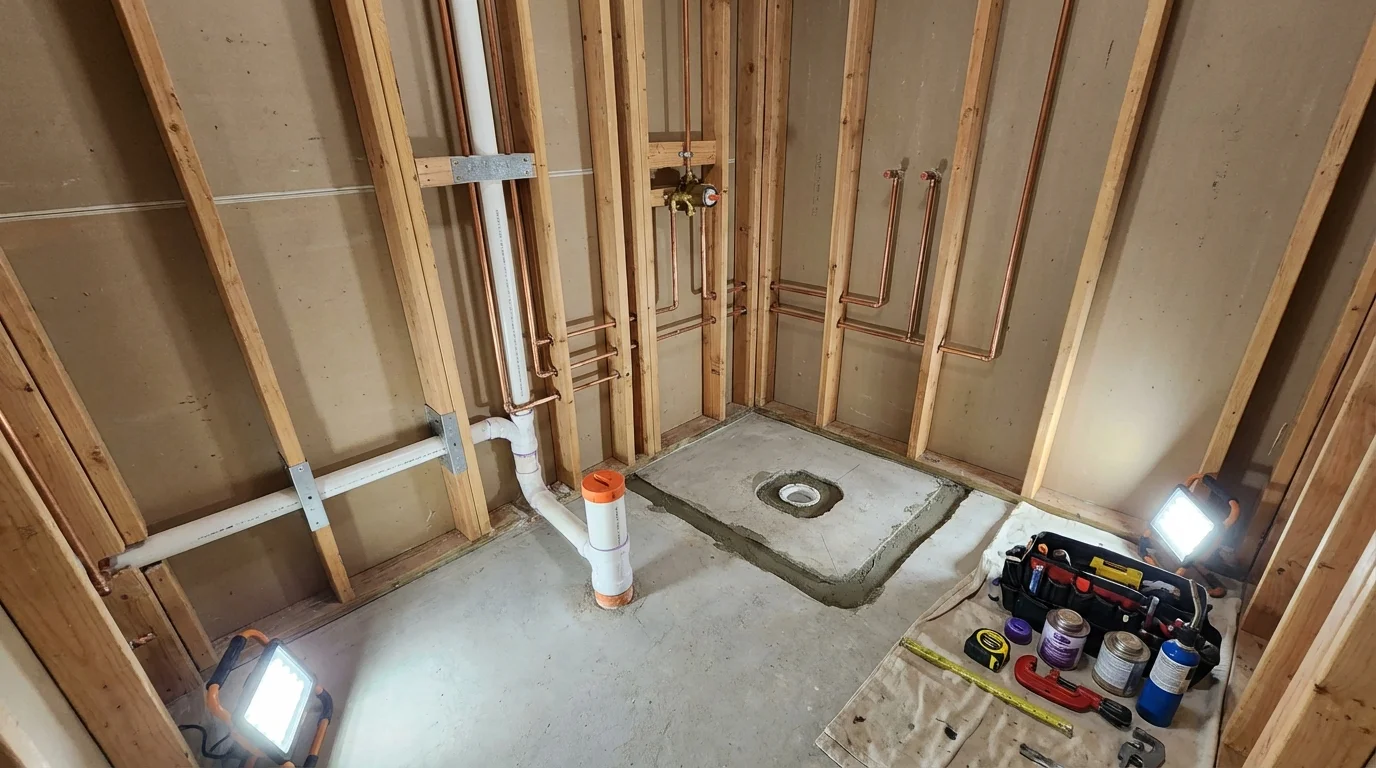 Bathroom rough-in plumbing during remodel by Johns Plumbing LLC in Cape Coral