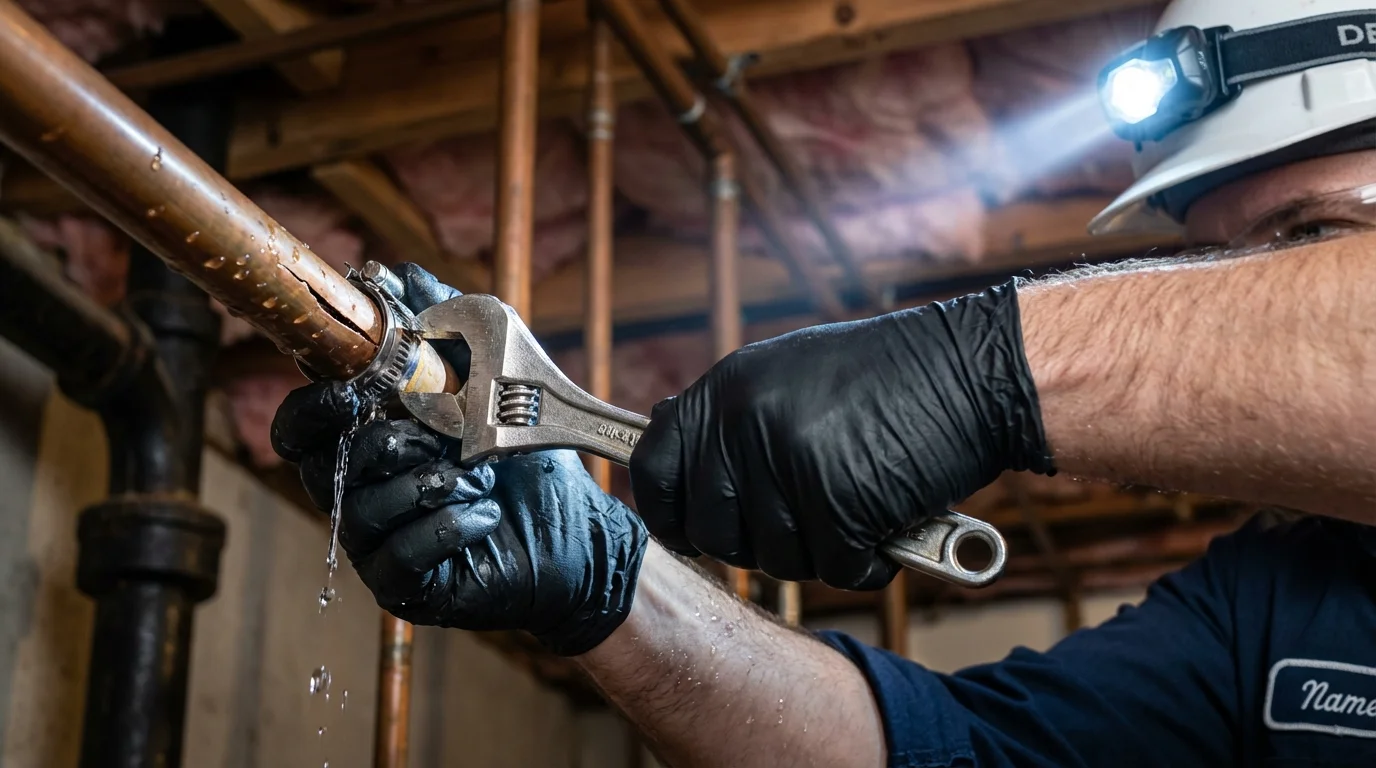 Emergency pipe clamp repair being performed by a Johns Plumbing LLC plumber in Cape Coral