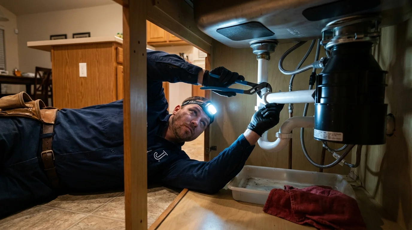P-trap and supply line connections under a kitchen sink showing a common leak point in Cape Coral, FL